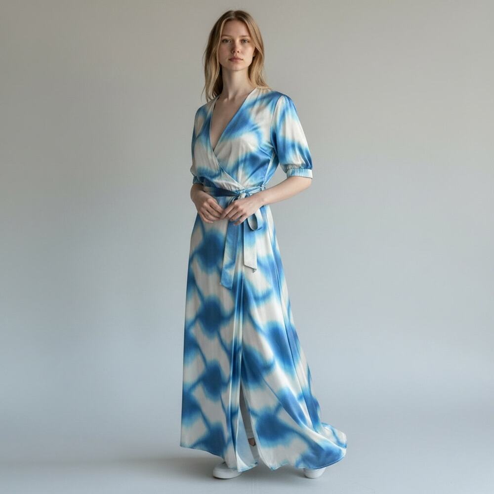 Cecilie Copenhagen Belle Wrap Maxi Dress XS Blue White Tie Dye Wrap Belted